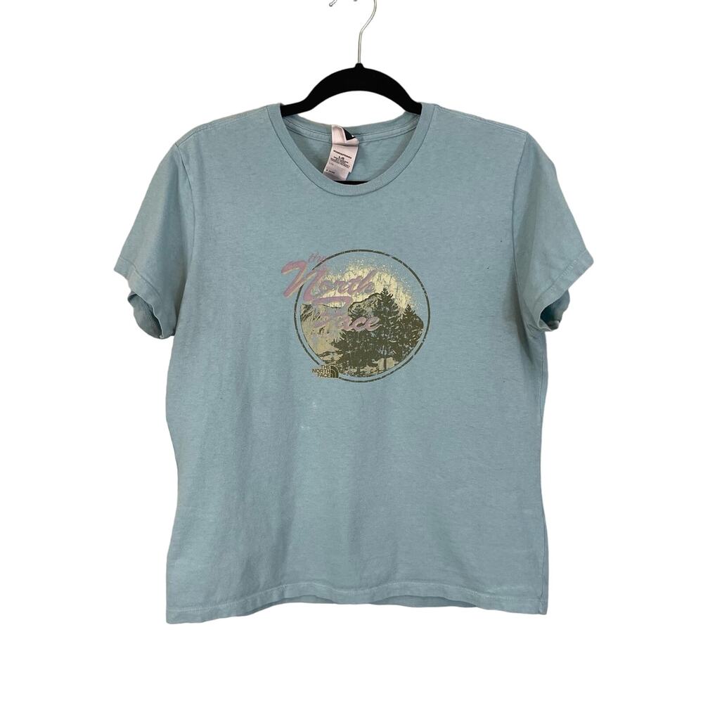 The North Face Top Womens L Crew Neck Short Sleeve Nature Graphic Cotton Blue